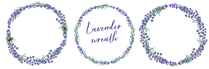 Watercolor illustration with lavender wreaths and bumblebee  on a white background. Hand painted watercolor illustration.
