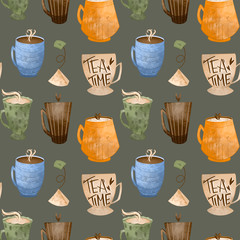 Cozy cute pattern of tea, coffee cups textural digital art on a green background. Print for textiles, kitchen, menu, restaurants, stickers, banners, posters, web design, greeting card, sticky tape.