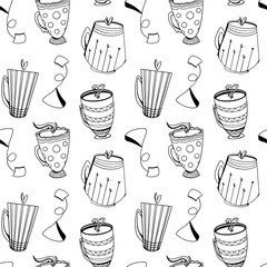 Cozy cute pattern of tea, coffee cups doodle art outline on a white background. Print for textiles, kitchen, menu, restaurants, stickers, banners, posters, web design, greeting card, sticky tape.