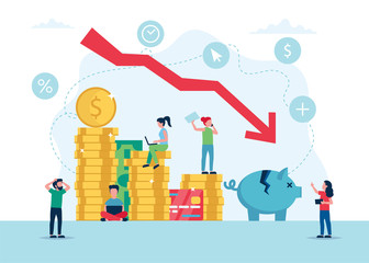 Economic crisis concept, stock market graph falling, money loss. Small people characters. Vector illustration in flat style
