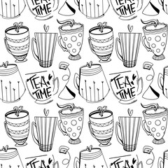 Cozy cute pattern of tea, coffee cups doodle art outline on a white background. Print for textiles, kitchen, menu, restaurants, stickers, banners, posters, web design, greeting card, sticky tape.