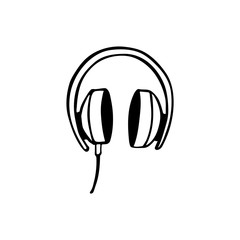 Black and white doodle style headphone image. Hand-drawn image for web, banners, cards, designers.
