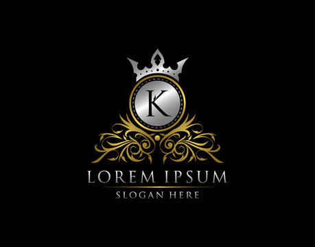 Luxury Boutique K Letter Logo, Royal Circle Gold Crown K Elegant Badge Design.