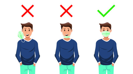 How to wear the correct facemasks and the wrong , Shows how to wear a face mask correctly. In order to prevent the spread of the coronavirus and Covid-19 disease. vector illustration.