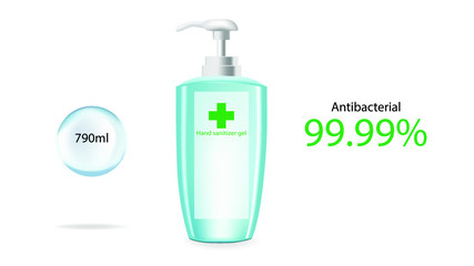 Hand sanitizer bottle isolated with pump. Washing alcohol gel used against viruses, bacteria, flu, coronavirus. Waterless hand cleaner. Handwashing. Vector illustration, flat design