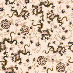 seamless pattern with chinese dragons, flowers and clouds