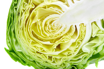 Cut green cabbage isolated on white background, fresh iceberg lettuce