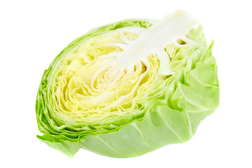 Fototapeta premium Cut green cabbage isolated on white background, fresh iceberg lettuce