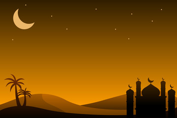 Islamic desert background with mosque silhouette and orange color 