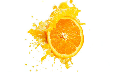 Freeze motion of sliced orange with splashing juice isolated on white background