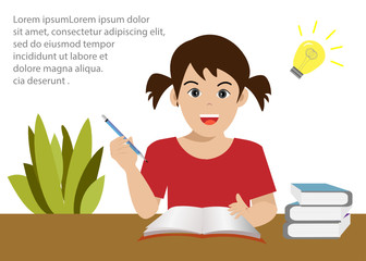 Little smart kid girl does homework. thinks and gets a good answer. Isolated on white background with copy space. Vector Illustration. Idea for children education or studying at school/home.