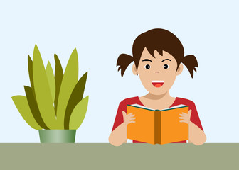 Little kid girl holding and enjoy reading book with happy face. Isolated on light blue background. Vector Illustration. Idea for children acitivities or studying at school/home.