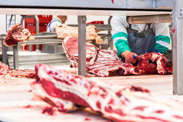 A man cuts a carcass of a cow at a meat factory