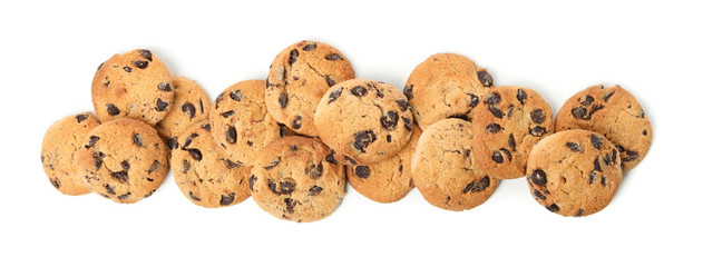 Tasty chocolate chip cookies isolated on white background