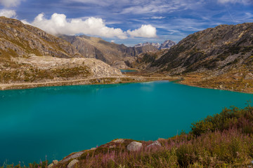 Mountain landscape with a lake in sunny day, Northern Europe.