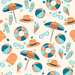 Seamless summer vector pattern. Beautiful background with beach accessories and a bouncy ball and a circle.