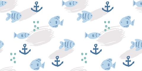 Vector seamless pattern with hand drawn summer elements, fish nautical designs, anchor fish ocean bubble sea vacation tropical