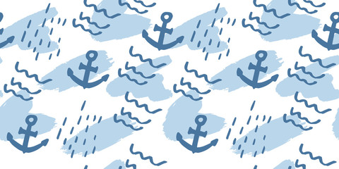 Vector seamless pattern with hand drawn summer elements, nautical designs, anchor ocean bubble sea vacation tropical