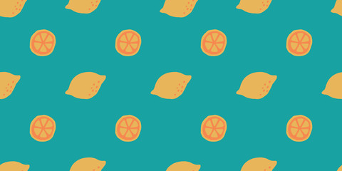 Seamless lemon leaf vector pattern. Cute citrus summer fruit and slices for wallpaper textile fabric designs. Cute vector illustrations in hand drawn style
