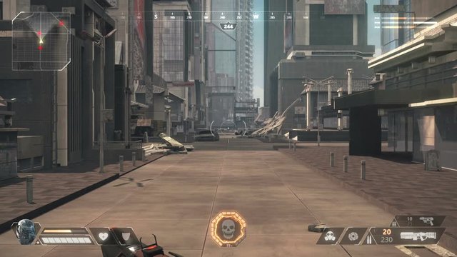 Fake 3D game. Sci-fi city shooter with hud