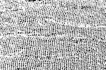Grunge mesh texture with a clear interweaving of threads. Monochrome abstract background of natural crumpled fabric. Vector illustration. Overlay template.