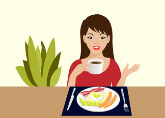 Young beautiful woman enjoy eating delicious breakfast and hot coffee with smiling face. Isolated on light background. Vector Illustration. Idea for healthy food, diet and nutrition.