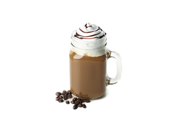 Iced coffee with poured cream isolated on white background