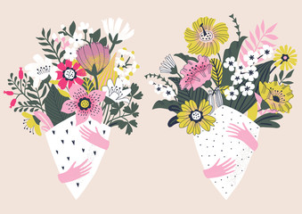 Set of beautiful flowers bouquets isolated on light background. Floral arrangement. Vector illustration.