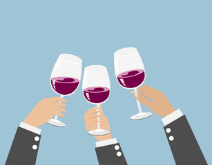 Group of businessman hands toasting glass of red wine. Isolated on light blue background. Vector Illustration. Idea for festival, celebrations and successful on business cooperation.