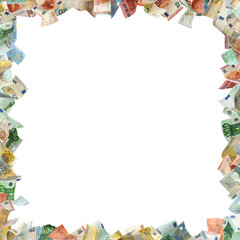 Frame made of money on white background, space for text. Currency exchange