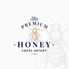 Premium Quality Honey Sign, Symbol or Logo Template. Hand Drawn Sketch Bee and Retro Typography. Local Apiary Vintage Emblem with Background.