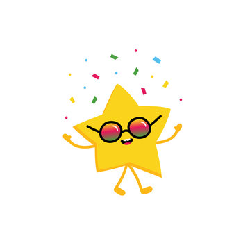 Cute cartoon star character in sunglasses with colorful confetti for party, celebration, winning design.