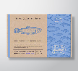 Fish Pattern Realistic Cardboard Container. Abstract Vector Seafood Packaging Design or Label. Modern Typography, Hand Drawn Trout Silhouette. Craft Paper Box Pattern Background Layout.