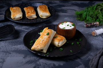 Pancakes with filling are served on the black plate with sour cream and topped with green onion