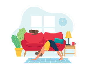 Stay home concept. Woman doing yoga in cozy modern interior. Vector illustration in flat style