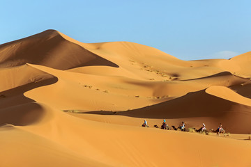 landscape of camel riding in golden sahara desert - obrazy, fototapety, plakaty