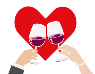 Man and woman hand toasting glass of red wine. Isolated on white background in red heart shape. Vector Illustration. Idea for wedding or lovers celebrated in special occasion.