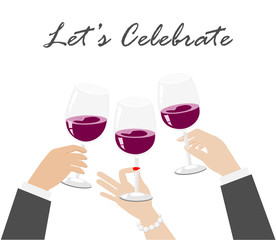 Businessman and woman hands toasting glass of red wine. Isolated on white background with copy space. Vector Illustration. Idea for festival, celebrated in special occasion. and business cooperation.