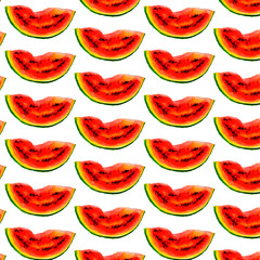 Watermelon vector seamless watercolor pattern, juicy piece, summer composition of red slices of watermelon. handiwork.. For you designs.