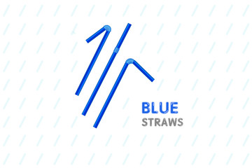 Blue color plastic straw for drinks vector set isolated