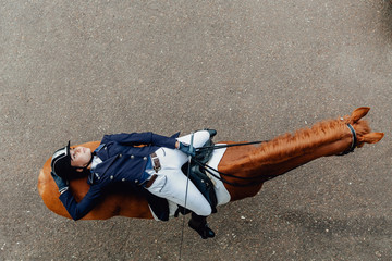 Top view of a girl lies on a horse. Dressage equestrian contest