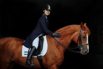 Portrait of a red dressage horse and young woman on black background. Girl with horse. Equestrian...