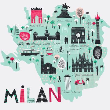 Cartoon map of Milan. Italy. Print design