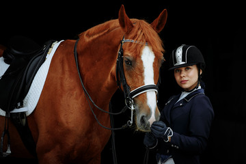 Portrait of a red dressage horse and young woman on black background. Girl with horse. Equestrian...
