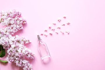 Floral scent concept. Perfume bottle with lilac  flowers over pink pastel  background. 