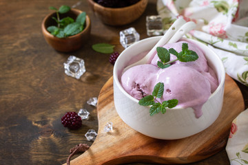 Obraz na płótnie Canvas Homemade Organic Ice Cream with Mint. Blackberry ice cream in white bowl on a rustic table. Copy space.