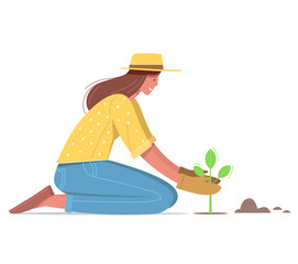 Young woman in hat and gloves plants seedlings in the ground. Vector illustration.