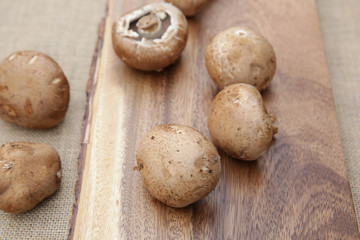 Fototapeta na wymiar fresh organic brown mushrooms champignon on a wooden board.