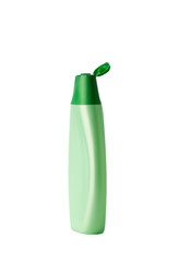 Empty green plastic bottle for household chemicals or personal hygiene with an open lid.