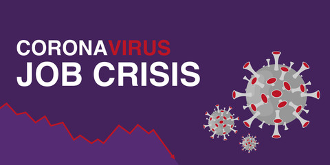 coronavirus job crisis written on purple background with virus models to the right and area line graph on the bottom